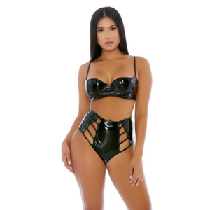 Strings Attached - Vinyl Lingerie Set - XL - Black